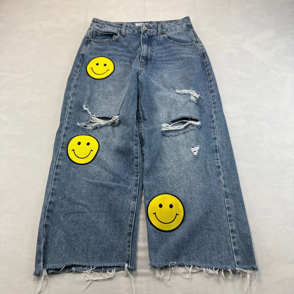 Forever 21 Smiley Face Jeans Womens 27 Blue Denim High Rise Distressed Wide Leg